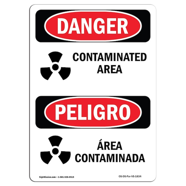 Safety Sign, OSHA Danger, 5" Height, Contaminated Area Bilingual Spanish, 10PK